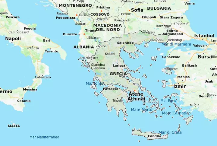 Mappa della Grecia, la posizione della Grecia nel Mar Mediterraneo.